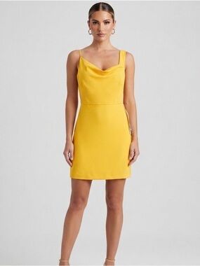 Mac Duggal Womens One Shoulder Cocktail Dress Cap Sleeves Square Neck Yellow 6